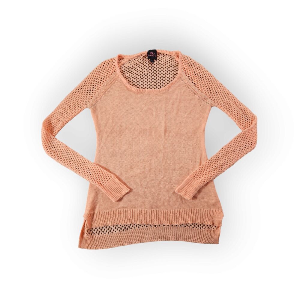 2b Bebe Sweater Size Large Orange Knit  Sheer Open Back Long Sleeve Casual Top